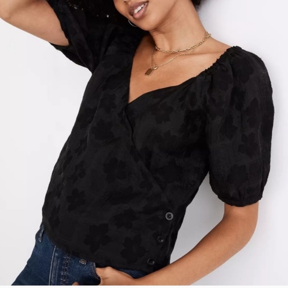 Madewell Black Puff-Sleeve Semi-Sheer Floral Jacquard Women Wrap Top | Size XXS